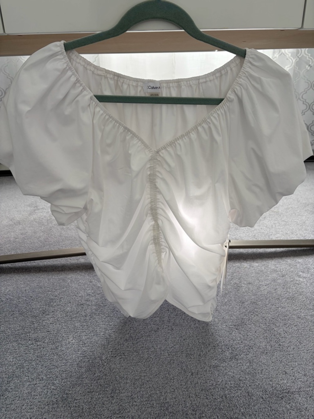 Calvin Klein White Ruched Puff-Sleeve Crop Top